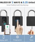 Smart Fingerprint Padlock With Waterproof Design, Key Backup, Mobile App Control, showing unlock methods and features.