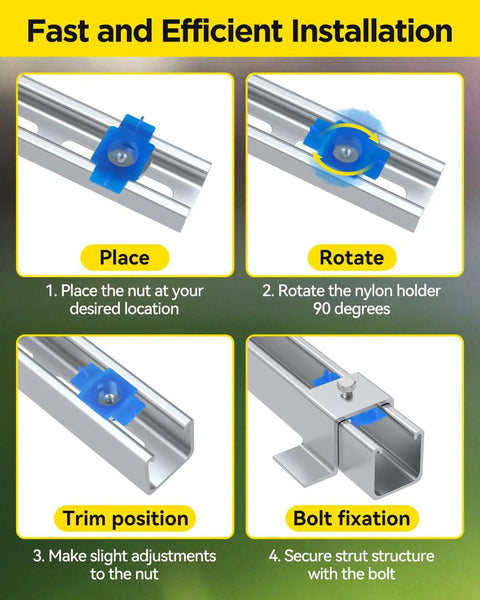 Heavy Duty One Quarter Twenty Thread Strut Channel Squeeze Nut And Bolt Combo Kit Featuring Seven Sixteenths Hex Head installation steps showing nut placement, rotation, adjustment, and bolt fixation.
