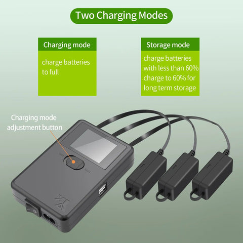 Display Parallel Battery Charger With Storage Mode For DJI Mini 4 Pro, Mini 3, And Mini 3 Pro showing two charging modes