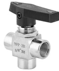 Heavy Duty 304 Stainless Steel 3 Way Ball Valve with black handle for plumbing, featuring BSPP female threads and half-inch ports.