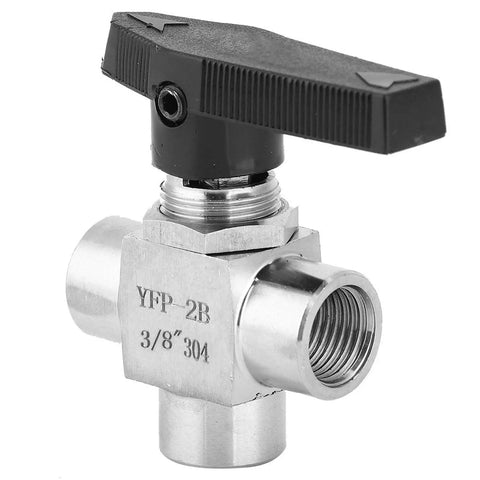 Heavy Duty 304 Stainless Steel 3 Way Ball Valve with black handle for plumbing, featuring BSPP female threads and half-inch ports.