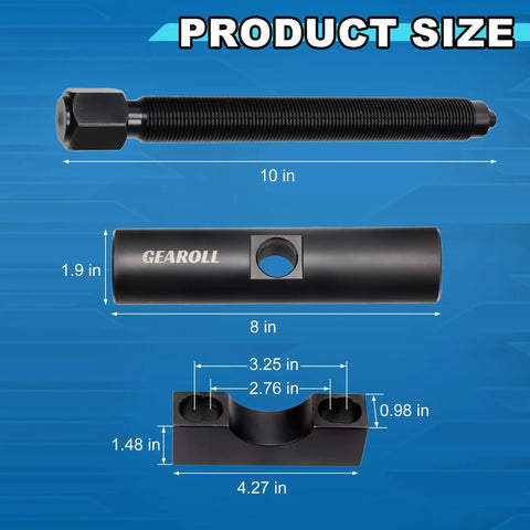 Heavy-Duty Yoke Puller And Removal Tool Kit For Commercial Trucks And Semi Trucks, showing dimensions of components