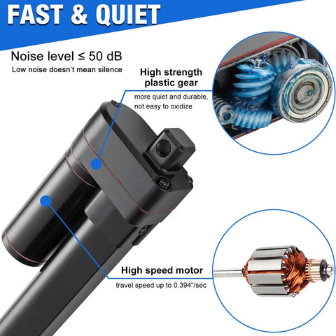 Close-up of Heavy Duty 330 Pound Linear Actuator 12 Volt 24 Inch Stroke IP65 Waterproof with high strength plastic gears.