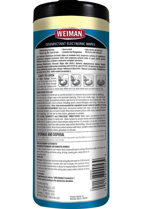 Weiman electronic screen cleaner wipes bottle with blue label, 30-count.