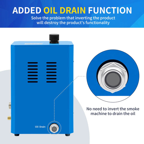 Kick Ass Auto Smoke Machine With Built In Blower Slick 12V Leak Finder showing oil drain function for easy maintenance.