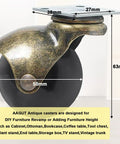 Heavy Duty 2 Inch Ball Casters With Silent Polypropylene Wheels And Antique Brass Swivel Plates Set Of 4 angled with measurements for furniture revamp.