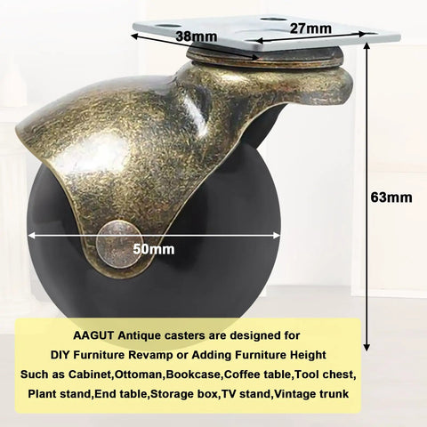 Heavy Duty 2 Inch Ball Casters With Silent Polypropylene Wheels And Antique Brass Swivel Plates Set Of 4 angled with measurements for furniture revamp.