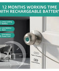 Ditch The Old School Keys With This Ultra Smooth One Touch Fingerprint Smart Lock Keyless Entry Door Deadbolt Fo Shur close-up of door lock with rechargeable battery and charging cable.