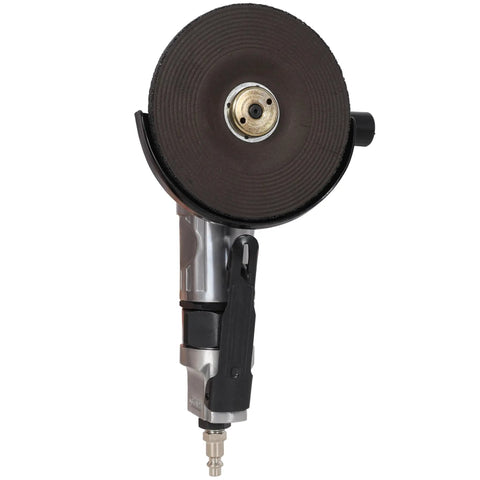 5 Inch Heavy Duty Pneumatic Angle Grinder Built Tough For Auto Repair And Metal Fab Shops Strips Rust Knocks Off Welds Smooths Bare Steel And Powers Through Polishing Tasks Like A Badass Workhorse Everyone Wants showing side view with grinding disc.