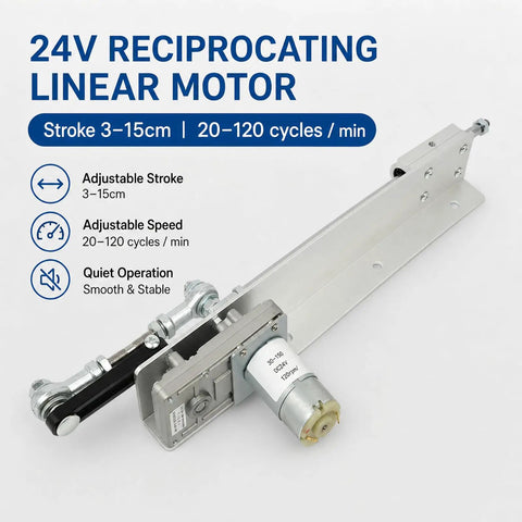 Kickass Reciprocating Cycle Linear Actuator With Fully Adjustable Stroke And Smooth Speed Control Plug And Play Diy Automation Gear Rock Solid Dc 24v Electric Motor showing adjustable stroke and motor details.