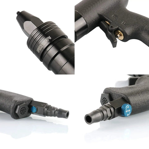 Close-up features of Straight Up Reliable Heavy Duty Adjustable Speed Pneumatic Rivet Nut Gun with self-locking tips.