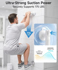 Man testing Upgraded Suction Shower Handle No Drill Grab Bars 2 Pack Anti Slip Safety Grip For Bathroom Heavy Duty Removable Handrails With Nonskid Surface Waterproof Build White Color Total Game Changer Install.