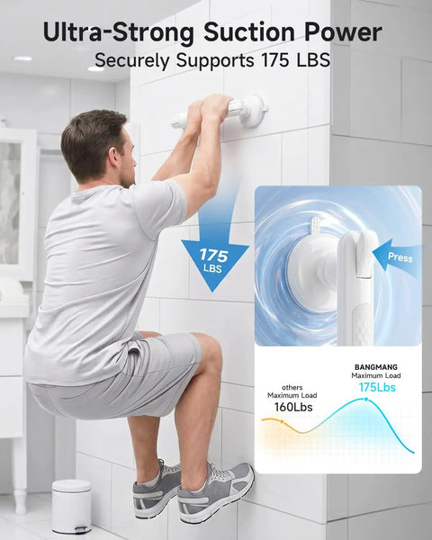 Man testing Upgraded Suction Shower Handle No Drill Grab Bars 2 Pack Anti Slip Safety Grip For Bathroom Heavy Duty Removable Handrails With Nonskid Surface Waterproof Build White Color Total Game Changer Install.