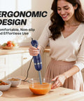 Woman using Corded Immersion Blender With 400 Watt Copper Motor And Two Speed Modes Bpa Free for blending soup.