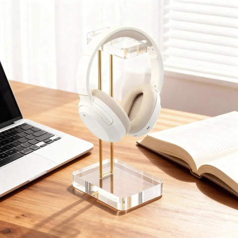Crystal Clear Acrylic Headphone Stand With Gold Hardware Dope Look Ultra Sturdy Desk Earphone Holder For Gaming Room And Office