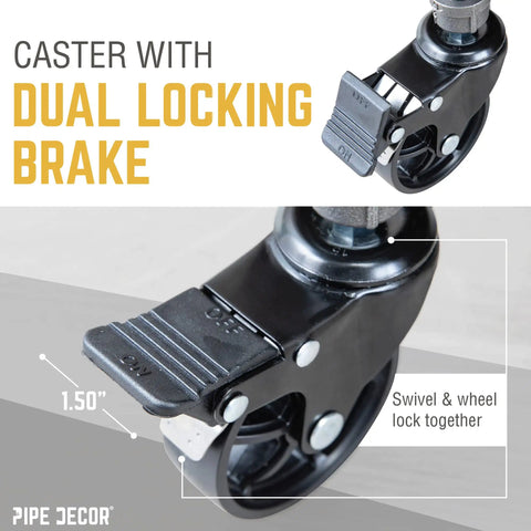 Zero Hassle Screws On Swivel Caster Wheels For Half Inch Pipe With Grippy Lock Brake and Rugged Build To Get Your Diy Bar Cart Or Workbench Rolling Smooth And Looking Fresh close-up of 1.50" caster wheel with dual locking brake