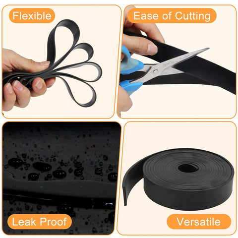 Four images showing DIY Neoprene Rubber Sheet Solid Seal Material for Gaskets; flexible, easy cutting, leak proof, versatile.