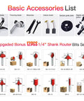 Basic accessories list with bonus 12pcs 1/4 inch shank router bits set for 800W Palm Router Tool For Woodworking Compact Hand Trimmer