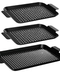 Three nonstick perforated grill baskets with handles, part of Heavy Duty Stainless Steel Grill Tray Set 3 Pack, shown in stacked arrangement