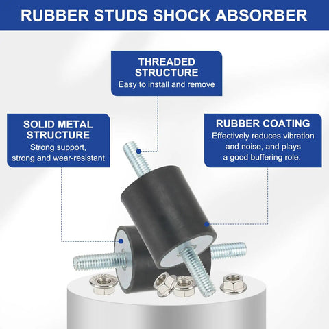 Heavy Duty Rubber Vibration Isolator Mounts Anti Shock Engine Struts With Solid Lock Nuts For Motors And Air Compressors Dead Quiet Damping Rig To Crush All The Jitters And Shakes, featuring black rubber studs and threaded metal, showcasing solid construction.