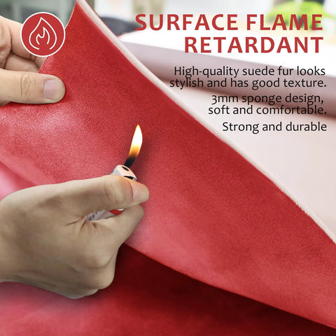 Red suede headliner fabric with foam backing for automotive interiors, flame-retardant, 85x60 inches.