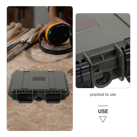 Dang Tough Portable Waterproof Plastic Toolbox With Rugged Latches For Nails Screws And Small Parts Doubles As Electrician Kit Case Mechanics Organizer And Pickup Truck Storage on workspace with tools.