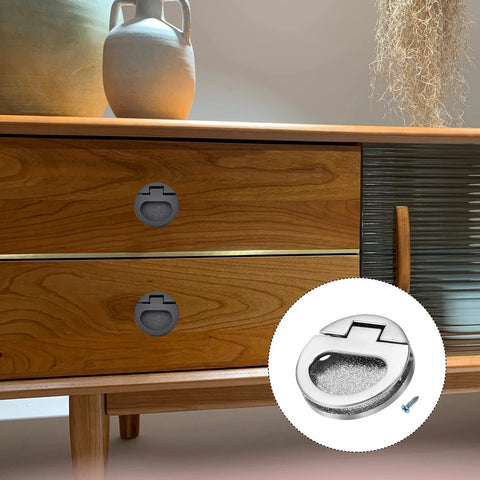 Flush Ring Pull Handles 43.5mm Zinc Alloy Flush Pull Slam Latch With Screws installed on wooden cabinet