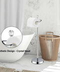 Reserve Function Free Standing Toilet Paper Holder With Crystal Finial In Chrome Finish in bathroom setting