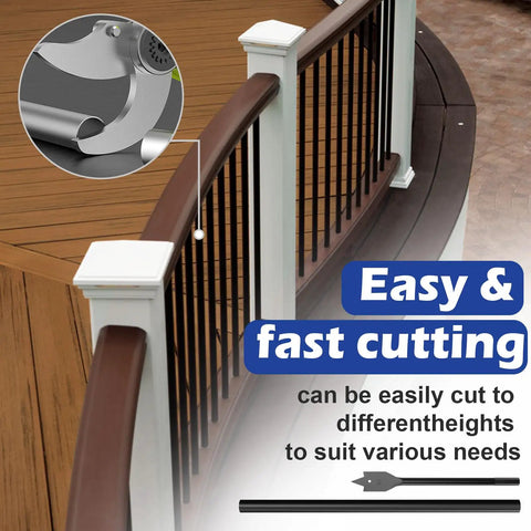 50 Pack 36 Inch Aluminum Deck Balusters Round Black Metal Spindles Top Tier Railing Posts Built Rock Solid With Killer Weather Resistance For Outdoor Porch Staircase Railings 3/4 Inch with cutting tool and curved railing.