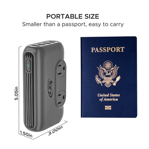 220V to 110V Voltage Converter 230W Step Down Travel Power Adapter next to a US passport for size comparison
