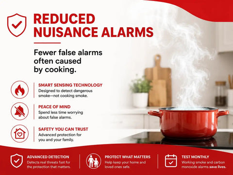 Heavy Duty Hardwired Smoke And Carbon Monoxide Detector Featuring Photoelectric Sensors 120V Ac Power Plus Decade Long Battery Backup EtL Listed for reduced nuisance alarms while cooking.