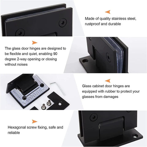 Top Shelf Heavy Duty 90 Degree Glass Door Hinges Engineered For 8 To 12Millimeter Frameless Shower Doors Rustproof Stainless Steel Bathroom Clips showing black stainless steel hinge with screws.