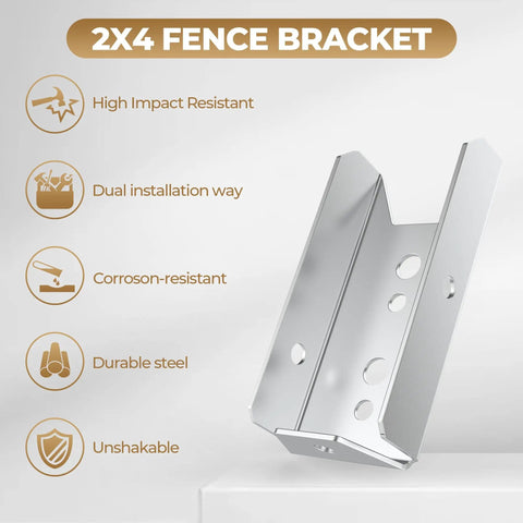 Rock-Solid 2x4 Fence Brackets for Wood Posts and Rails showcasing galvanized steel, high impact resistance, and durability.