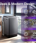 Full Automatic Portable Washer And Spinner Combo Featuring Ten Custom Wash Cycles And Eight Water Levels No Fuss Plug In Design For Tight Apartments And RV Quarters Heavy Duty Load Handling Sweet Space Saver Grey in modern setting.