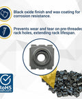 Black 10-32 snap-in cage nut showing corrosion resistance features for Top Shelf Heavy Duty Black 10-32 Cage Nuts Bulk Pack For Server Rack And Telecom Equipment Snap In Mounting Hardware No Sweat Rack Setup Gear 100 Count.