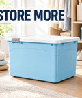 Hassle Free Stackable Storage Bins With Slick Rolling Wheels And Secure Tight Fitting Lids Tailored For Crunching Clutter Closets Dorm Rooms And Garage Use, blue plastic bin with lid in a cozy room.
