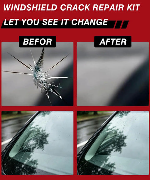 Before and after images of Hassle Free Windshield Chip Repair Kit Using Sun Activated Resin For Fast Auto Glass Crack Fixes.