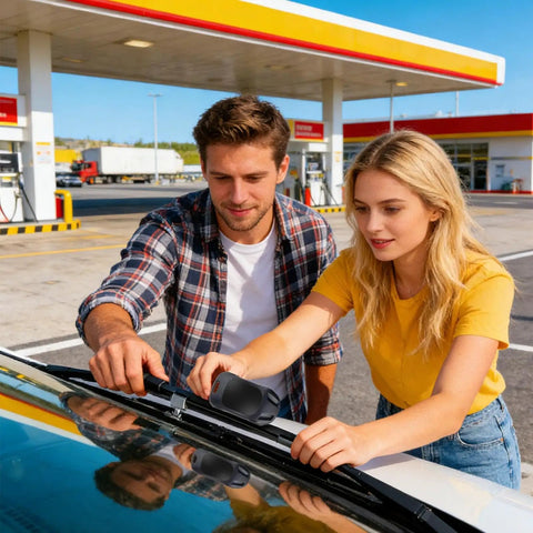 Couple using Slick Windshield Wiper Repair Tool for quick fix on car wipers at gas station, ensuring clear vision during rain.