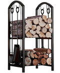 Five Piece Firewood Log Rack And Tools Set For Fireplace And Fireside Use Black Storage Holder for Logs and Lumber Rust Resistant