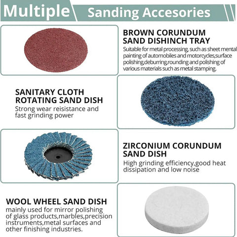 Multiple sanding accessories including Brown Corundum Sand Dish, Sanitary Cloth Rotating Sand Dish, Zirconium Corundum Sand Dish.