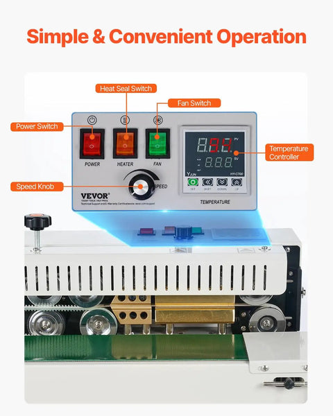 Control panel of FR-900 Continuous Band Sealer, Automatic Horizontal Sealing Machine 110V with temperature controller.