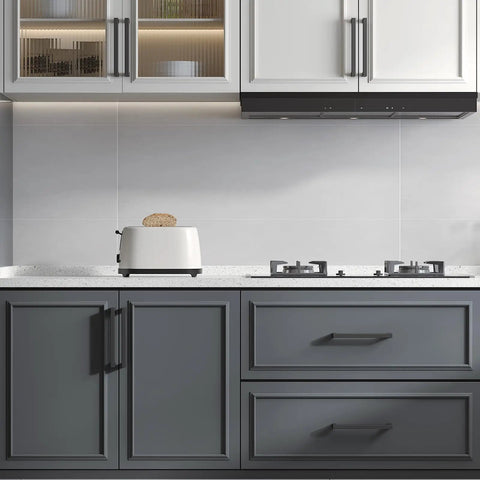 Upgrade Your Crib With Solid 10 Pack Matte Black Cabinet Handles And Drawer Pulls. Modern kitchen with gray cabinets and matte black pulls.