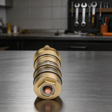 Real Deal 130156 Shower Valve Cartridge Replacement Featuring Heavy Duty 3 4 Inch Brass Core displayed on a stainless steel surface.