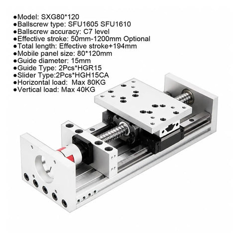 Precision Double Linear Rail Slide Table With SFU16 Ballscrew For XYZ Axis Mods showing aluminum rails, dimensions 80x120mm, max load 80KG.