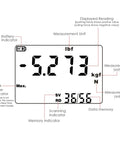 Digital display of Dead On Digital Force Gauge Push Pull Meter With Data Memory showing force readings in lb, kg, and N.