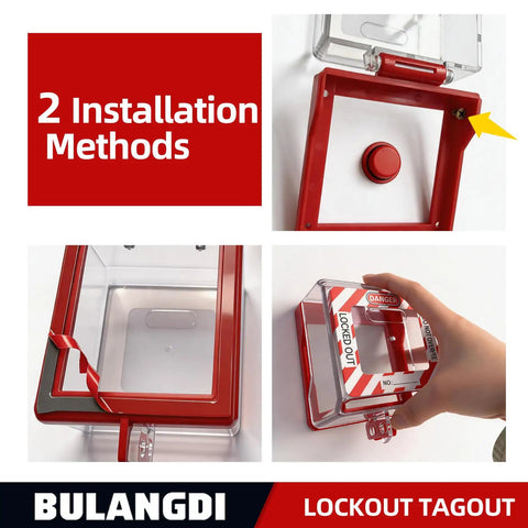3 Pcs Total Lockout Box Type Transparent Emergency Stop Button Cover showing installation methods for heavy duty OSHA compliant switch protector.