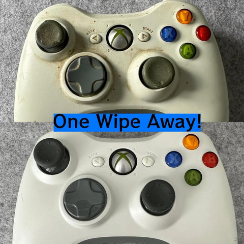 Comparison of dirty and clean white gaming controller, highlighting effectiveness of Alcohol Free Cleaning Wipes For Hearing Aids And Tech.