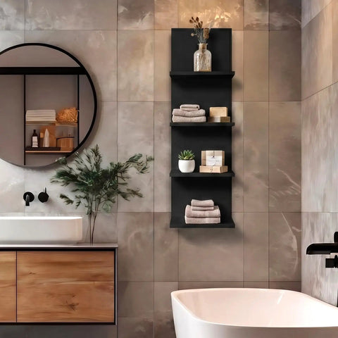 Upgrade Your Walls No Fuss Needed, Four Tier Black Corner Shelves For Room And Kitchen Decor, Vertical Floating Display Rack For Makeup Perfume And Plants, Solid Floor Space Savior With Sleek Finish in bathroom with towels and plants.