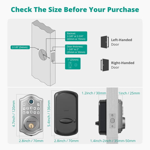 Dimensions and installation guide for Slick Fingerprint Keyless Entry Door Lock With Sturdy Lever Handle Set In Brushed Nickel Finish.