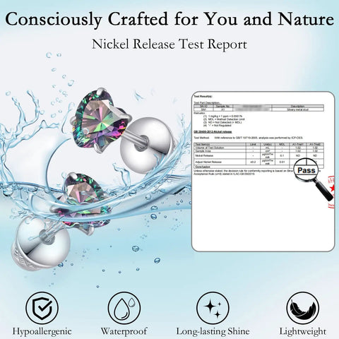 Top Notch Implant Grade Titanium Heart Earrings With Lustrous Cubic Zirconia and Nickel Release Test Report in water.